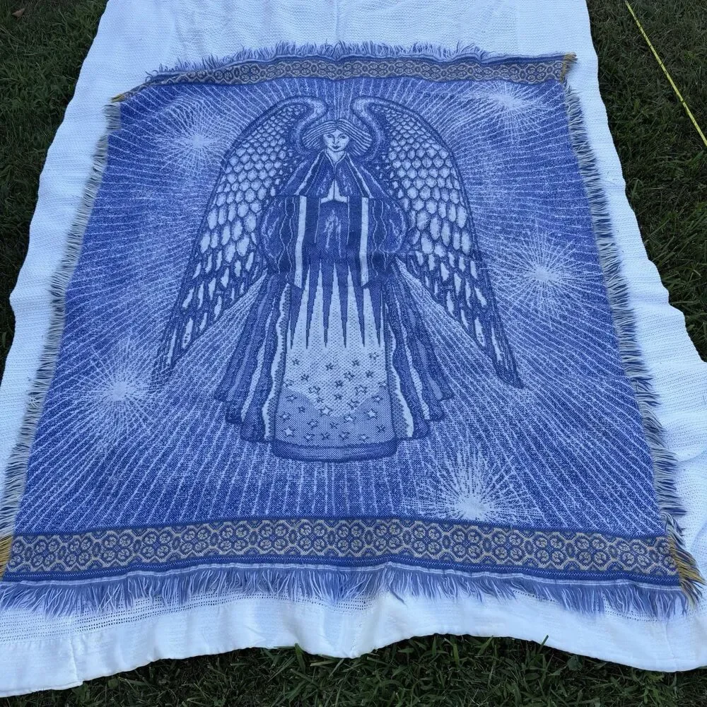 Blue Fringed Angel Throw Blanket Soft Woven Tapestry W/ Fringe 5’ X 4’